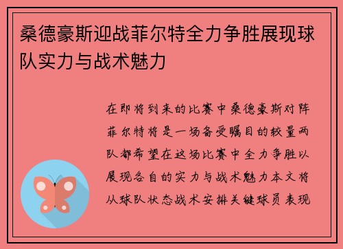 桑德豪斯迎战菲尔特全力争胜展现球队实力与战术魅力